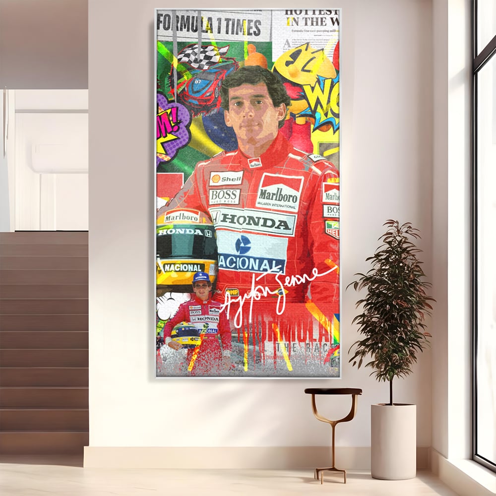 Tablou canvas cu tablou canvas cu pilotul ayrton senna, in rama de aluminiu argintiu