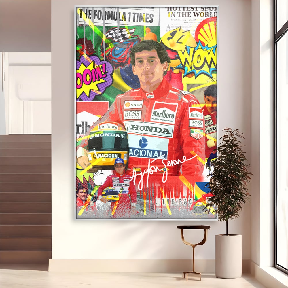 Tablou canvas cu tablou canvas cu pilotul ayrton senna, in rama de aluminiu argintiu