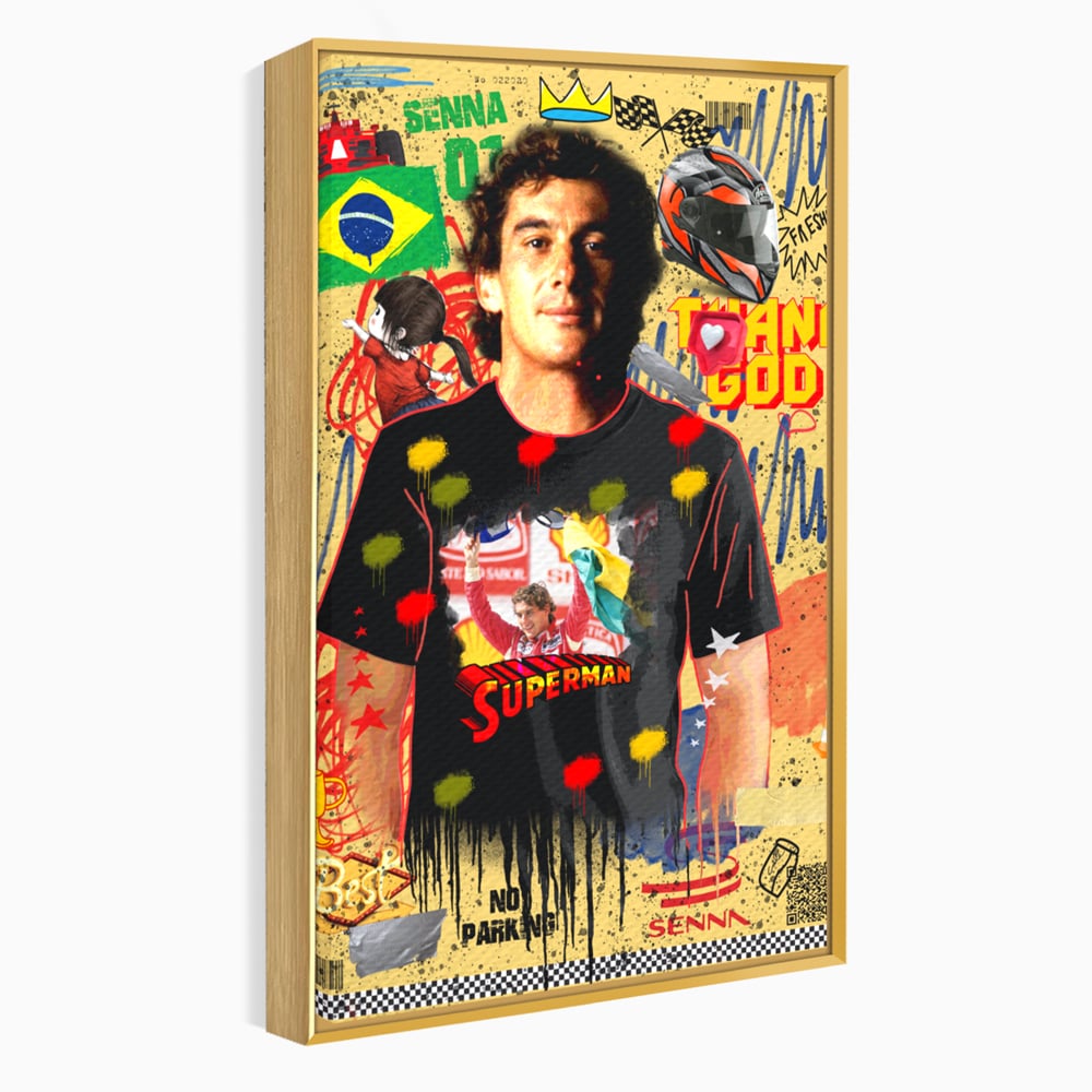 Tablou canvas cu tablou canvas cu ayrton senna, in rama de aluminiu auriu