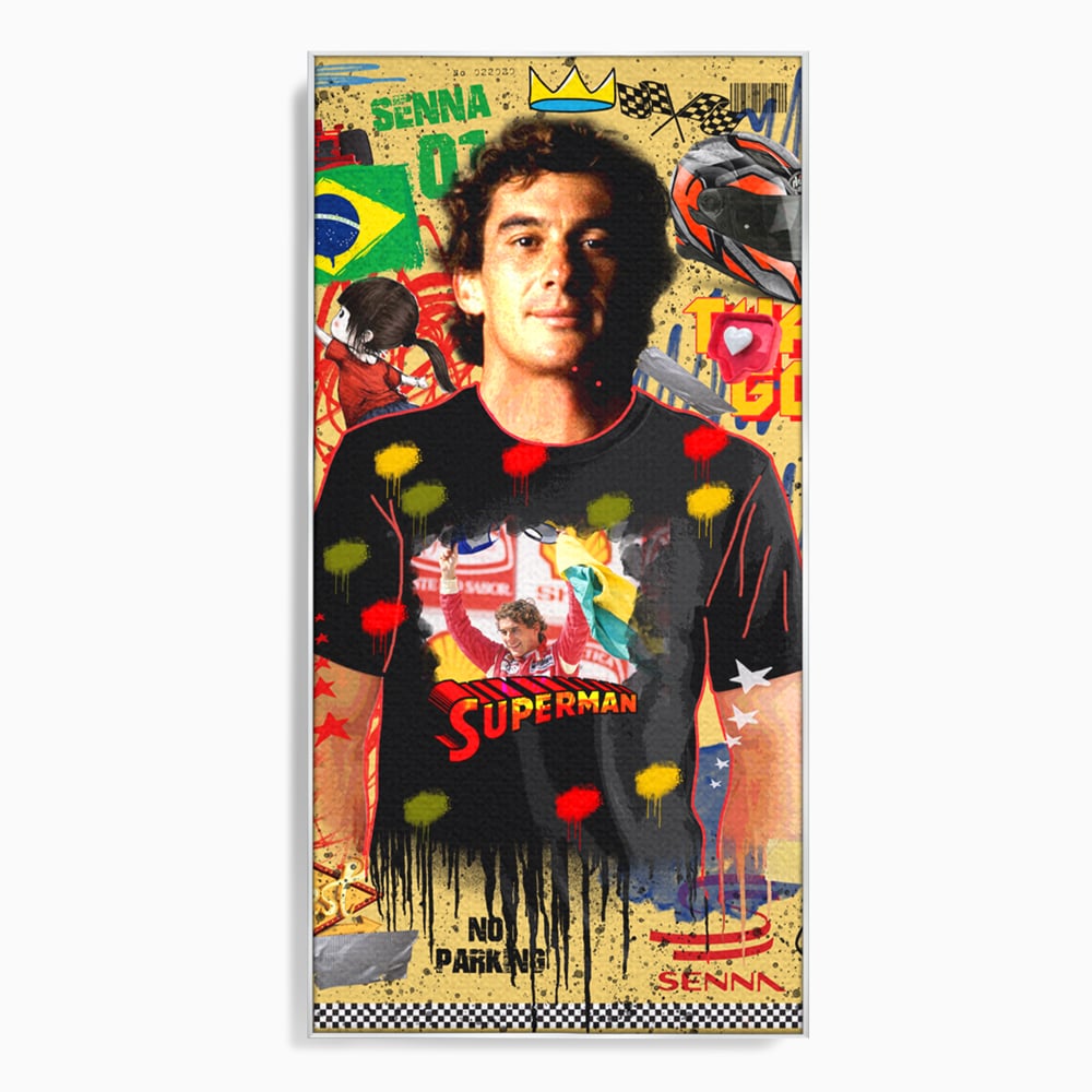 Tablou canvas cu tablou canvas cu ayrton senna, in rama de aluminiu argintiu