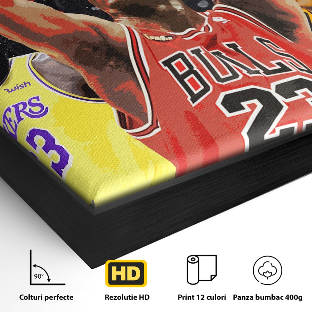 Detaliu al suprafetei: tablou canvas cu michael jordan in actiune, in rama de aluminiu negru