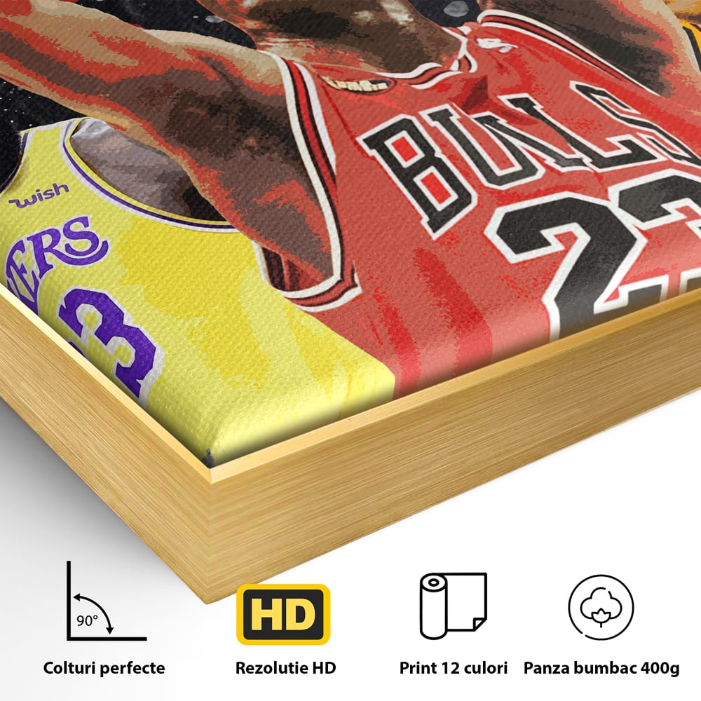 Detaliu al suprafetei: tablou canvas cu michael jordan in actiune, in rama de aluminiu auriu