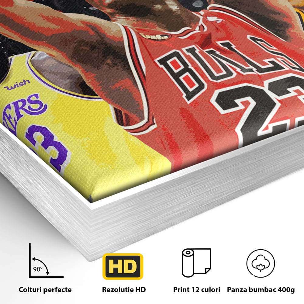 Detaliu al suprafetei: tablou canvas cu michael jordan in actiune, in rama de aluminiu argintiu