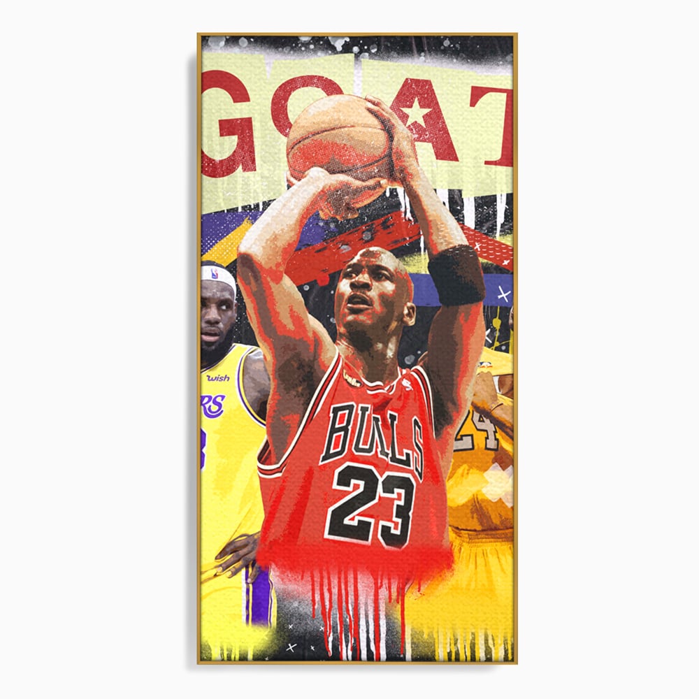 Tablou canvas cu tablou canvas cu michael jordan in actiune, in rama de aluminiu auriu