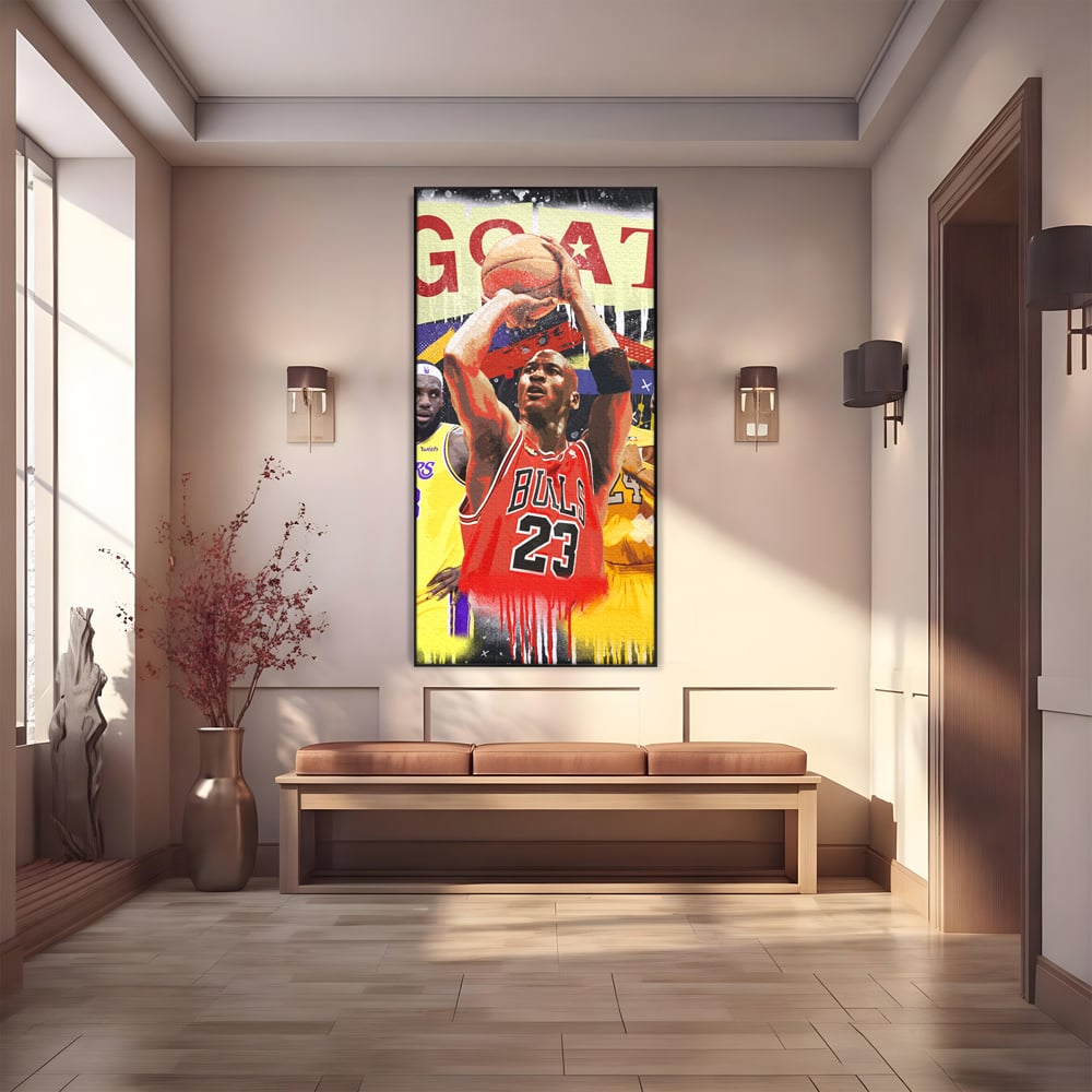 Tablou canvas cu tablou canvas cu michael jordan in actiune, in rama de aluminiu negru