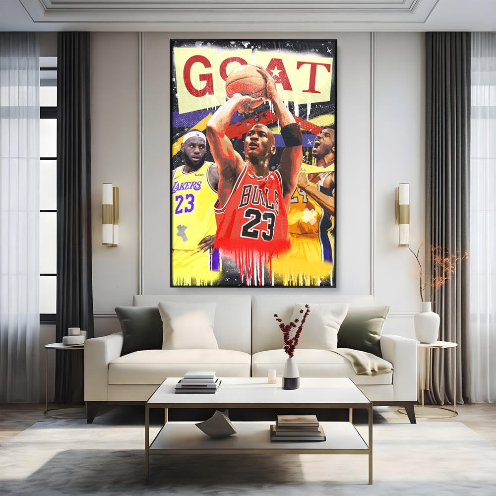 Tablou canvas cu tablou canvas cu michael jordan in actiune, in rama de aluminiu negru, pe perete intr-un living