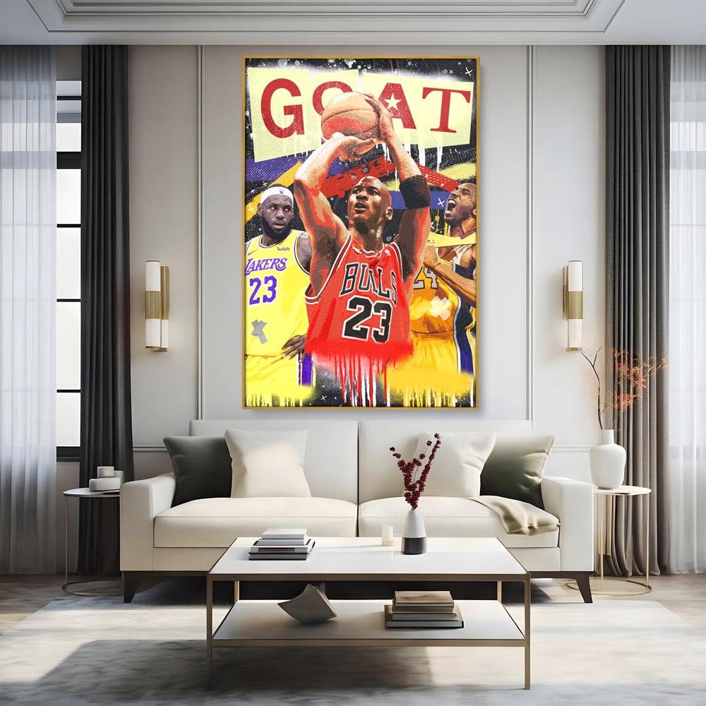 Tablou canvas cu tablou canvas cu michael jordan in actiune, in rama de aluminiu auriu, pe perete intr-un living