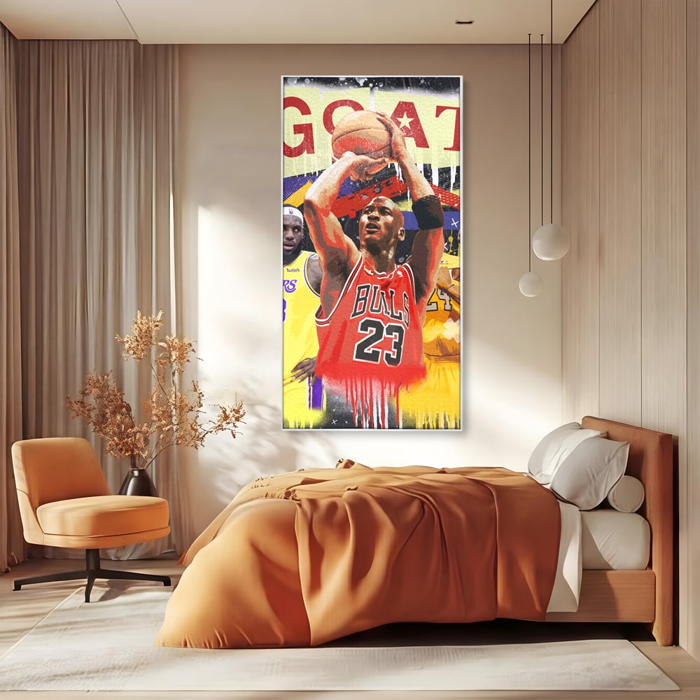 Tablou canvas cu tablou canvas cu michael jordan in actiune, in rama de aluminiu argintiu, pe perete intr-un dormitor