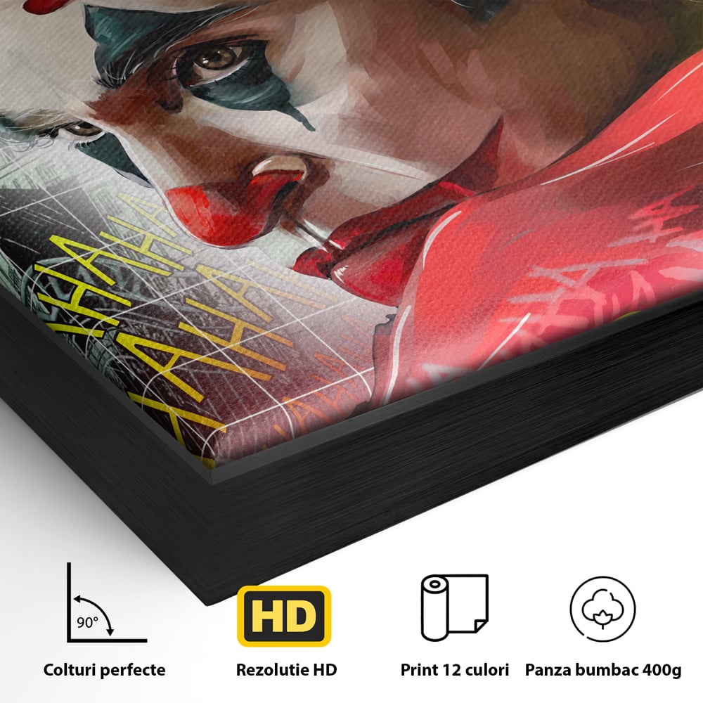 Detaliu al suprafetei: tablou canvas cu portret joker, in rama de aluminiu negru