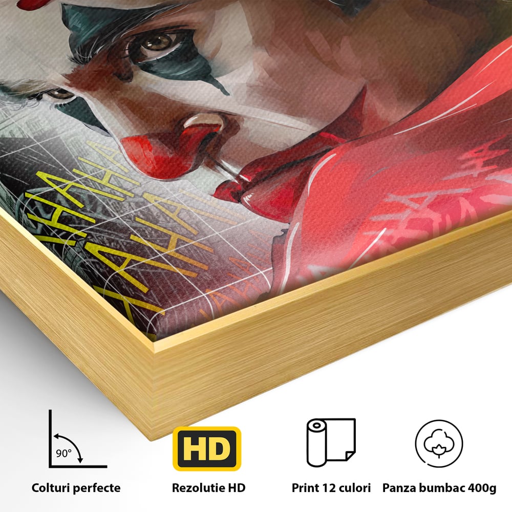 Detaliu al suprafetei: tablou canvas cu portret joker, in rama de aluminiu auriu