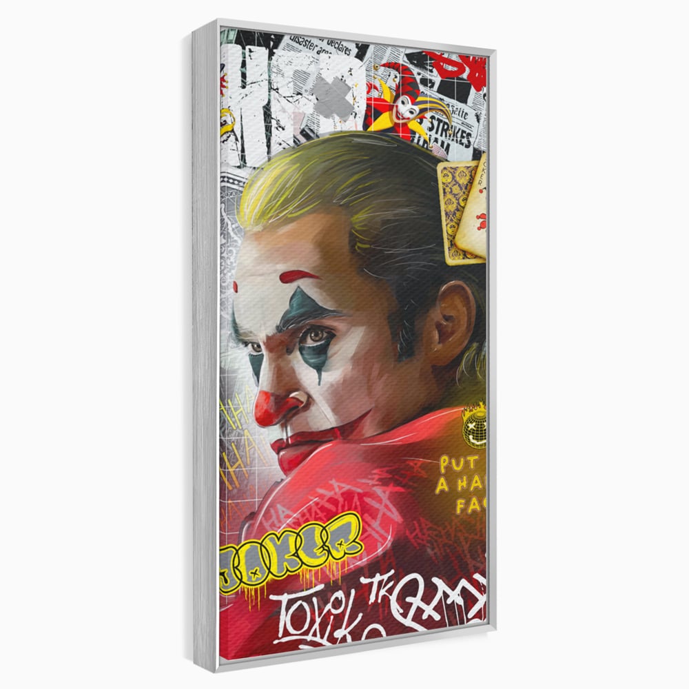 Tablou canvas cu tablou canvas cu portret joker, in rama de aluminiu argintiu