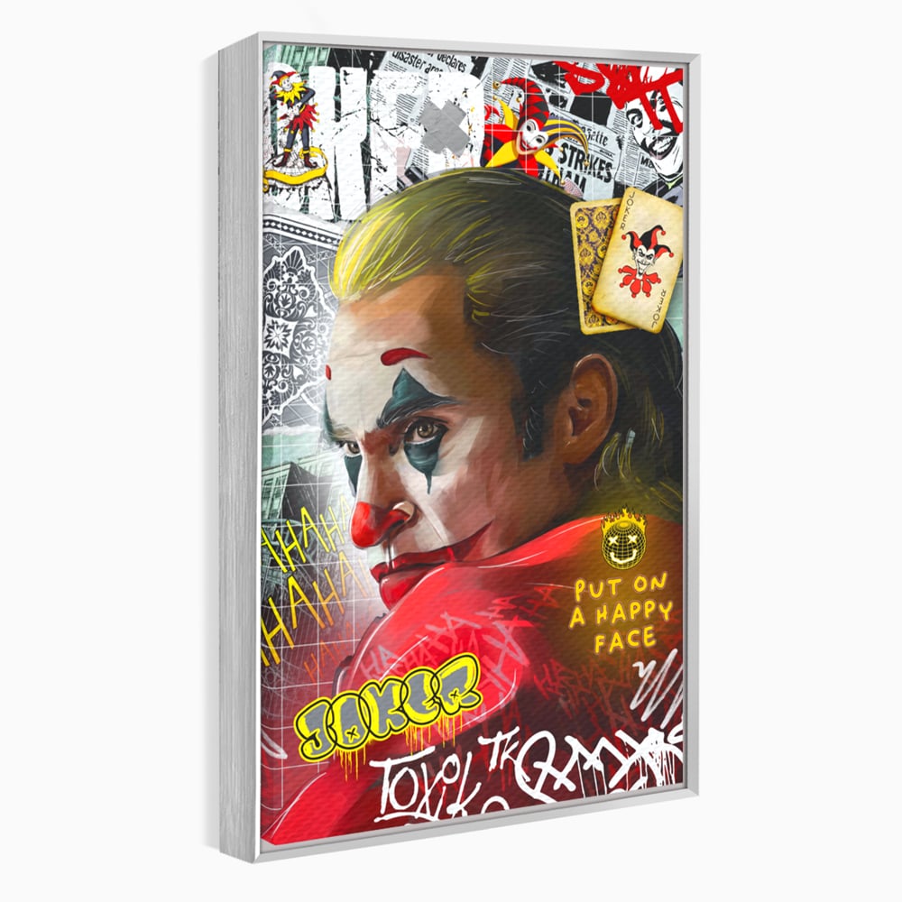 Tablou canvas cu tablou canvas cu portret joker, in rama de aluminiu argintiu