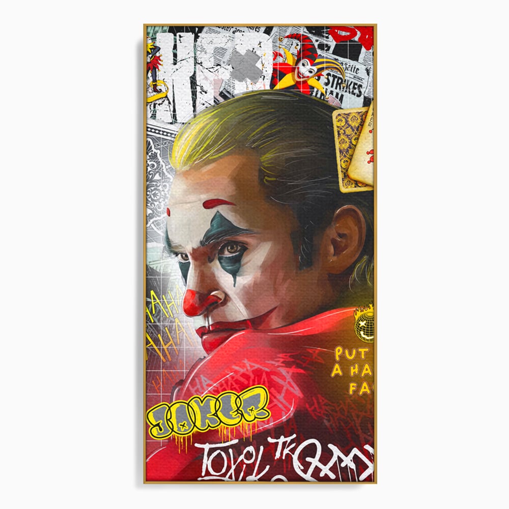 Tablou canvas cu tablou canvas cu portret joker, in rama de aluminiu auriu