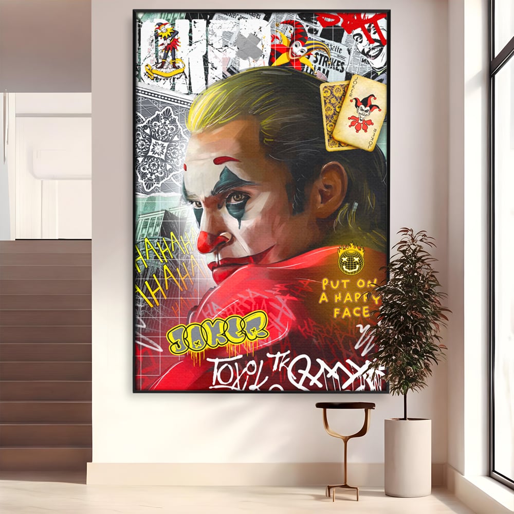 Tablou canvas cu tablou canvas cu portret joker, in rama de aluminiu negru