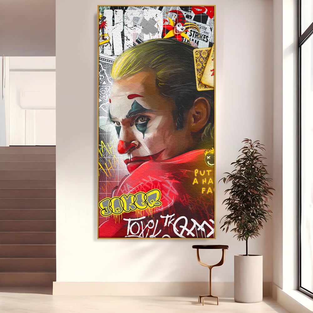Tablou canvas cu tablou canvas cu portret joker, in rama de aluminiu auriu