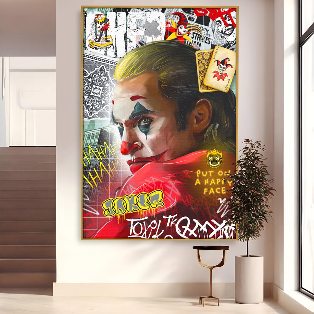 Tablou canvas cu tablou canvas cu portret joker, in rama de aluminiu auriu