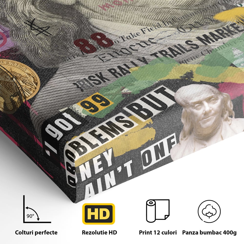 Detaliu al suprafetei: tablou canvas cu portretul lui benjamin franklin, fara rama, pe sasiu de lemn
