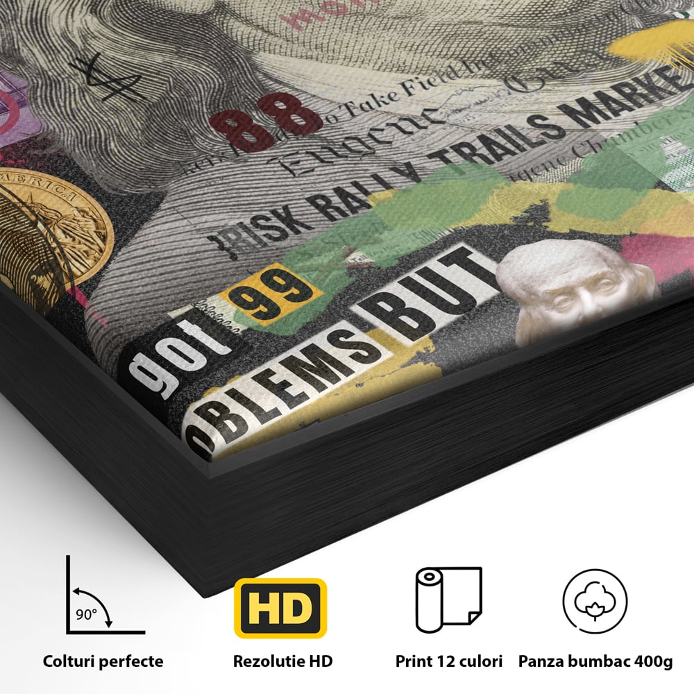 Detaliu al suprafetei: tablou canvas cu portretul lui benjamin franklin, in rama de aluminiu negru