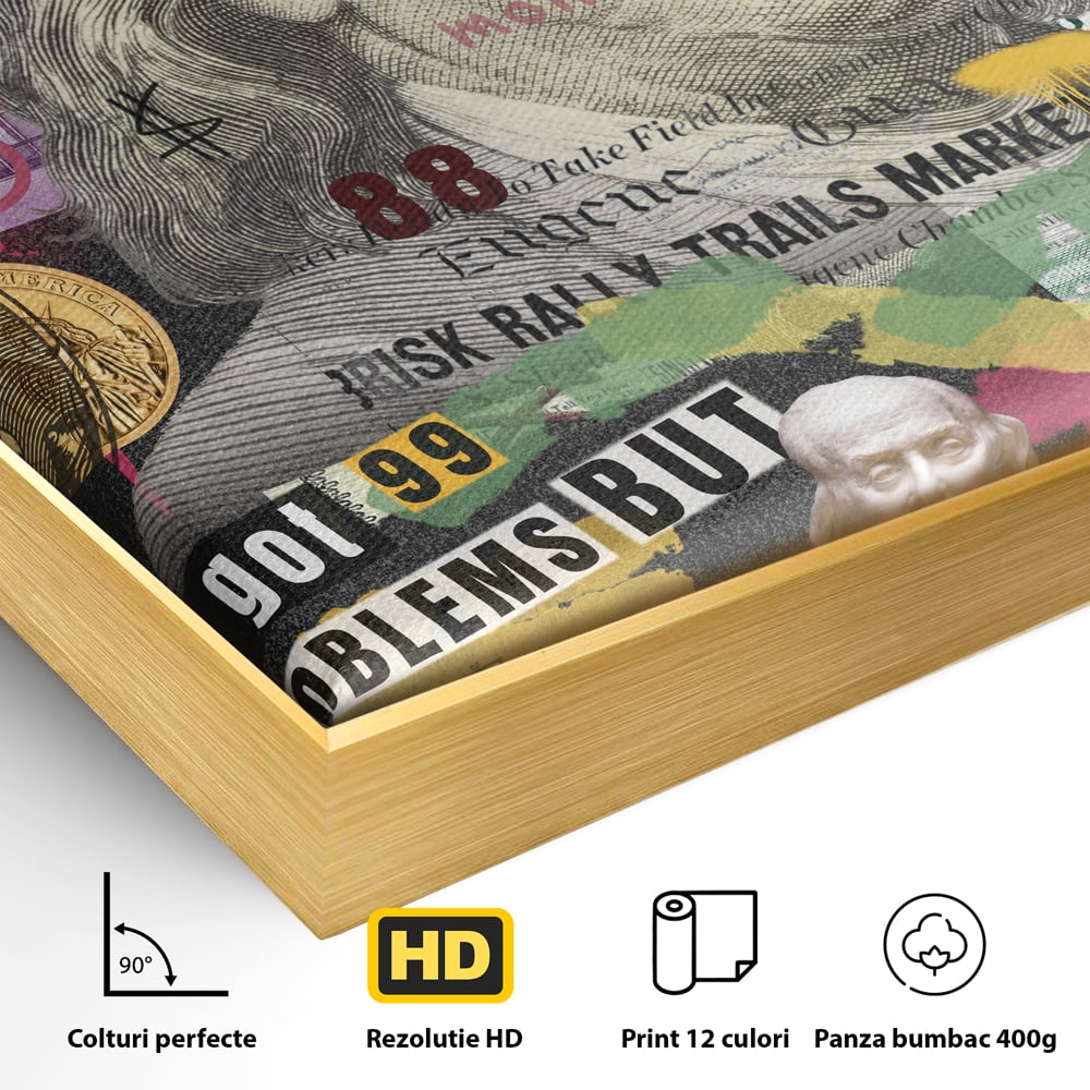 Detaliu al suprafetei: tablou canvas cu portretul lui benjamin franklin, in rama de aluminiu auriu