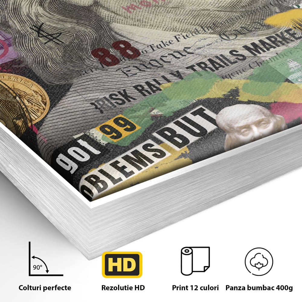 Detaliu al suprafetei: tablou canvas cu portretul lui benjamin franklin, in rama de aluminiu argintiu