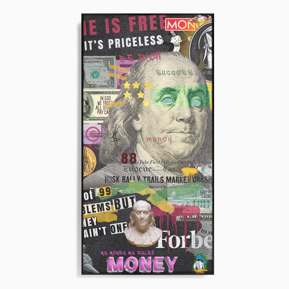 Tablou canvas cu tablou canvas cu portretul lui benjamin franklin, in rama de aluminiu negru