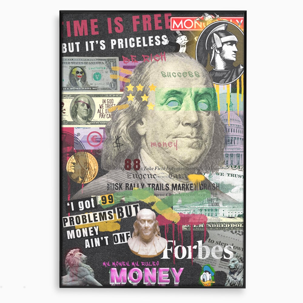 Tablou canvas cu tablou canvas cu portretul lui benjamin franklin, in rama de aluminiu negru
