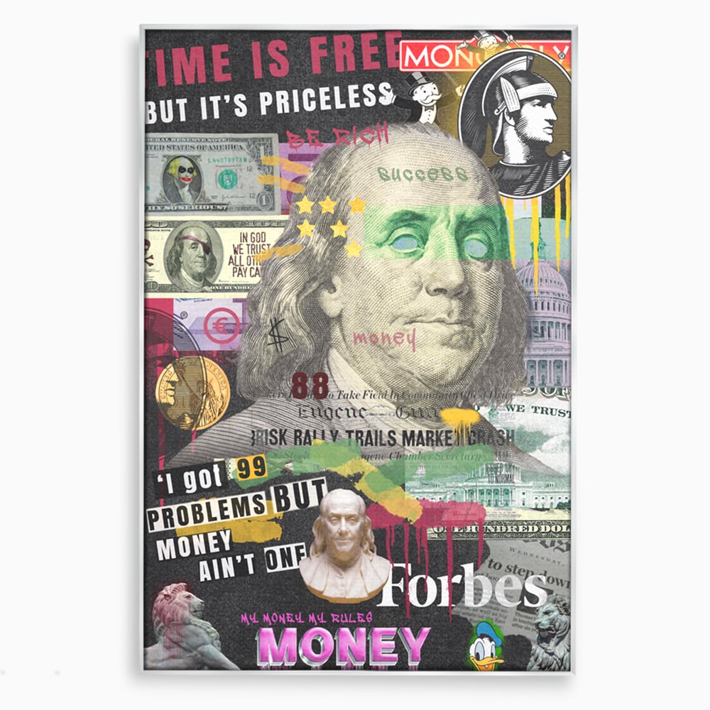 Tablou canvas cu tablou canvas cu portretul lui benjamin franklin, in rama de aluminiu argintiu