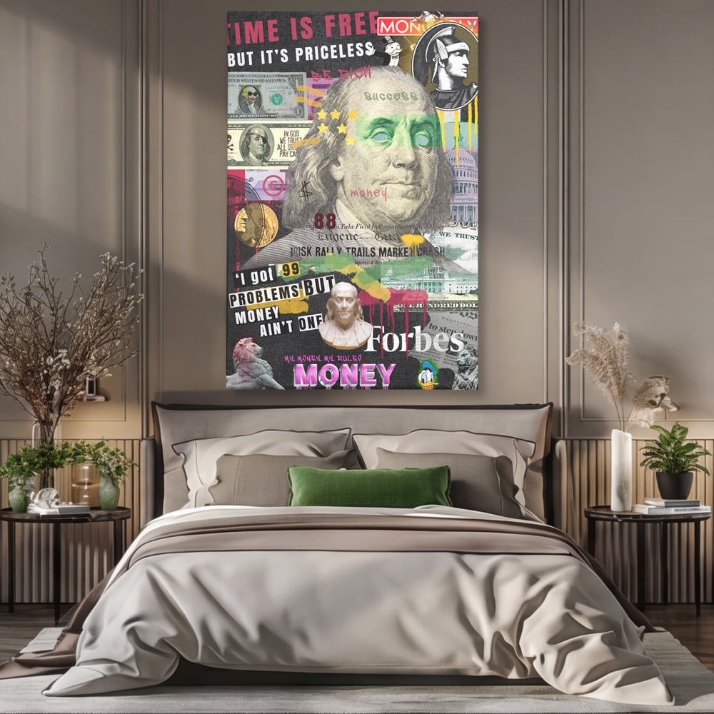 Tablou canvas cu tablou canvas cu portretul lui benjamin franklin, fara rama, pe sasiu de lemn, pe perete intr-un dormitor