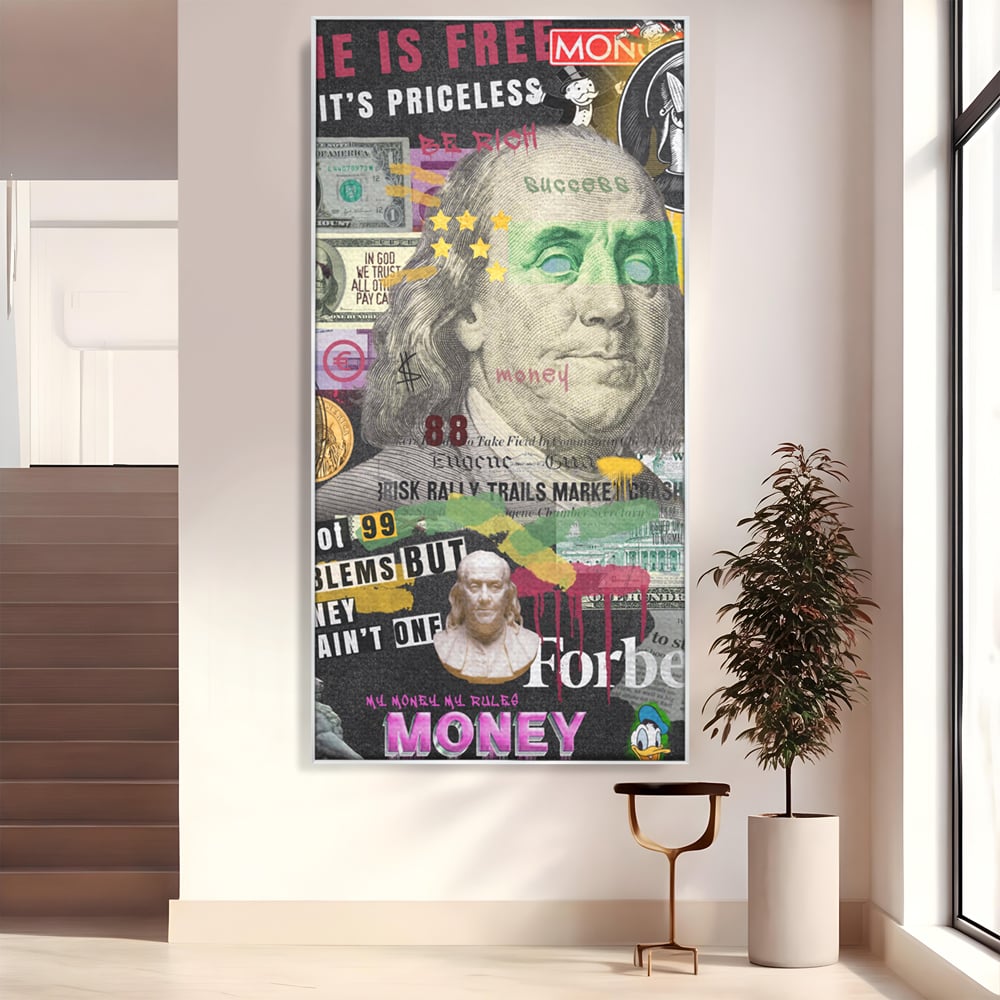 Tablou canvas cu tablou canvas cu portretul lui benjamin franklin, in rama de aluminiu argintiu