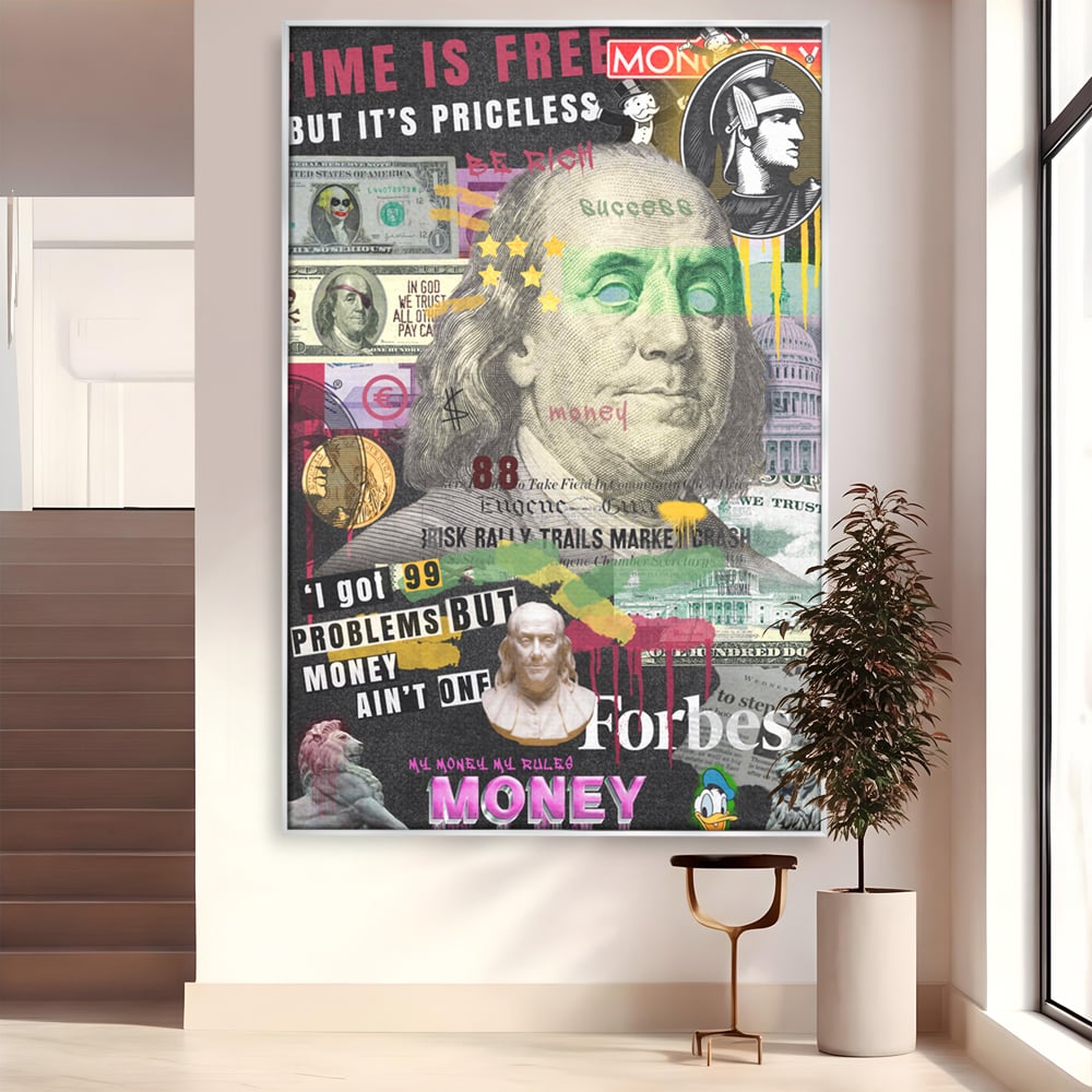 Tablou canvas cu tablou canvas cu portretul lui benjamin franklin, in rama de aluminiu argintiu