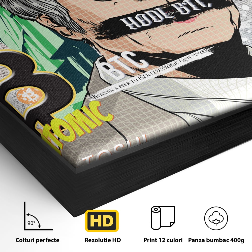 Detaliu al suprafetei: tablou canvas cu portret stilizat bitcoin si satoshi, in rama de aluminiu negru