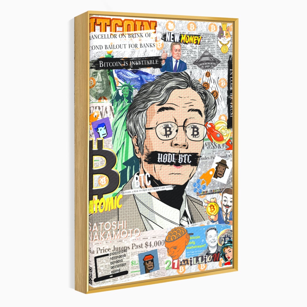 Tablou canvas cu tablou canvas cu portret stilizat bitcoin si satoshi, in rama de aluminiu auriu