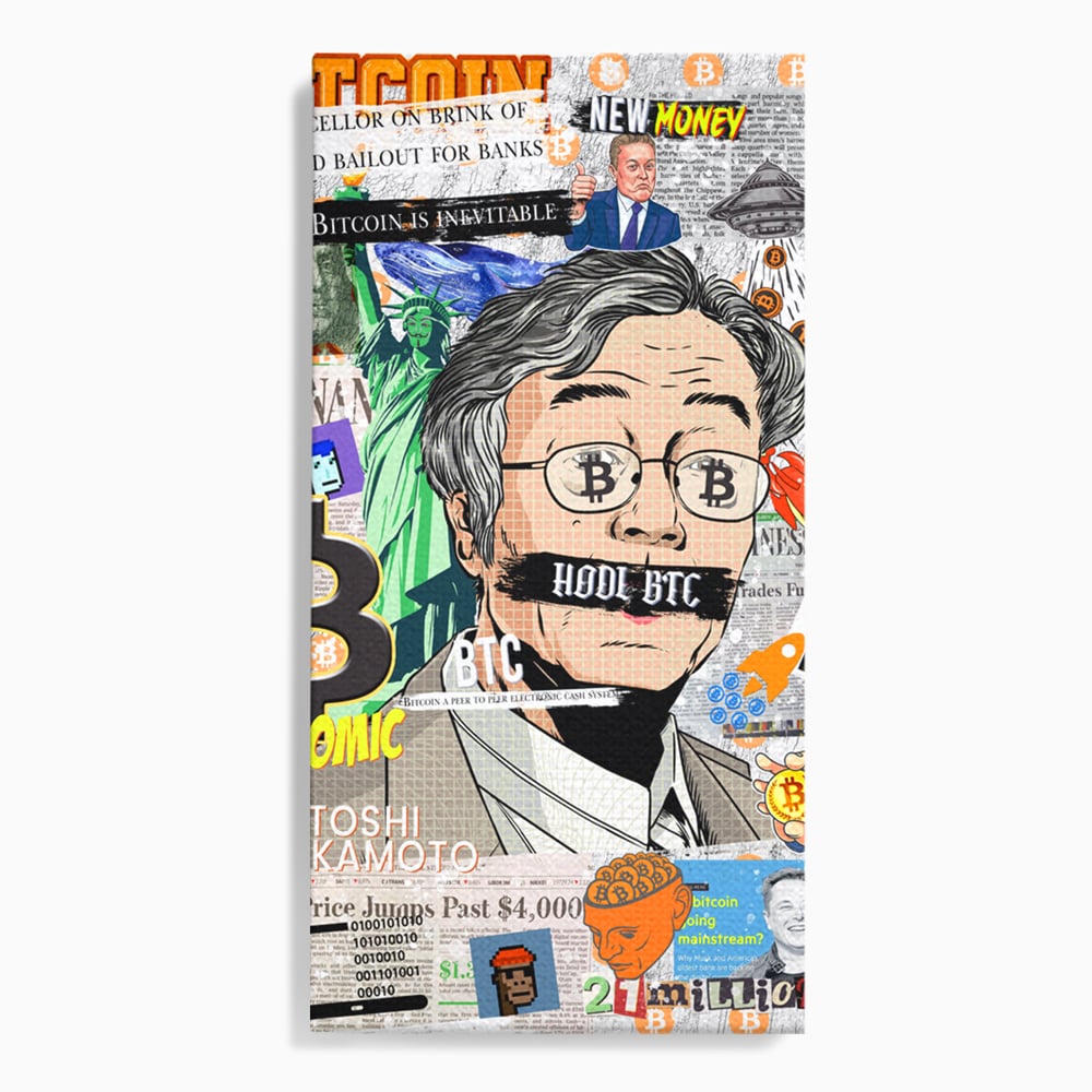 Tablou canvas cu tablou canvas cu portret stilizat bitcoin si satoshi, fara rama, pe sasiu de lemn