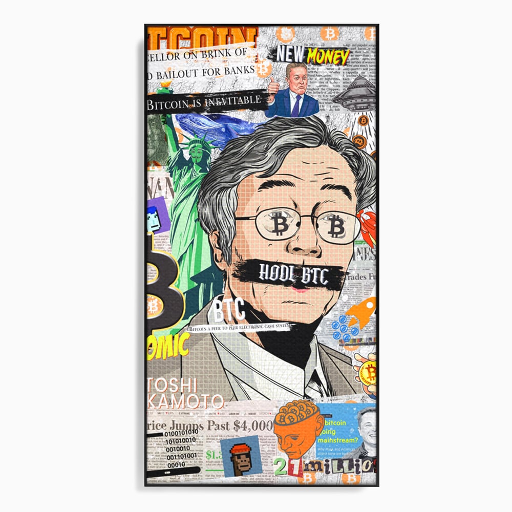 Tablou canvas cu tablou canvas cu portret stilizat bitcoin si satoshi, in rama de aluminiu negru