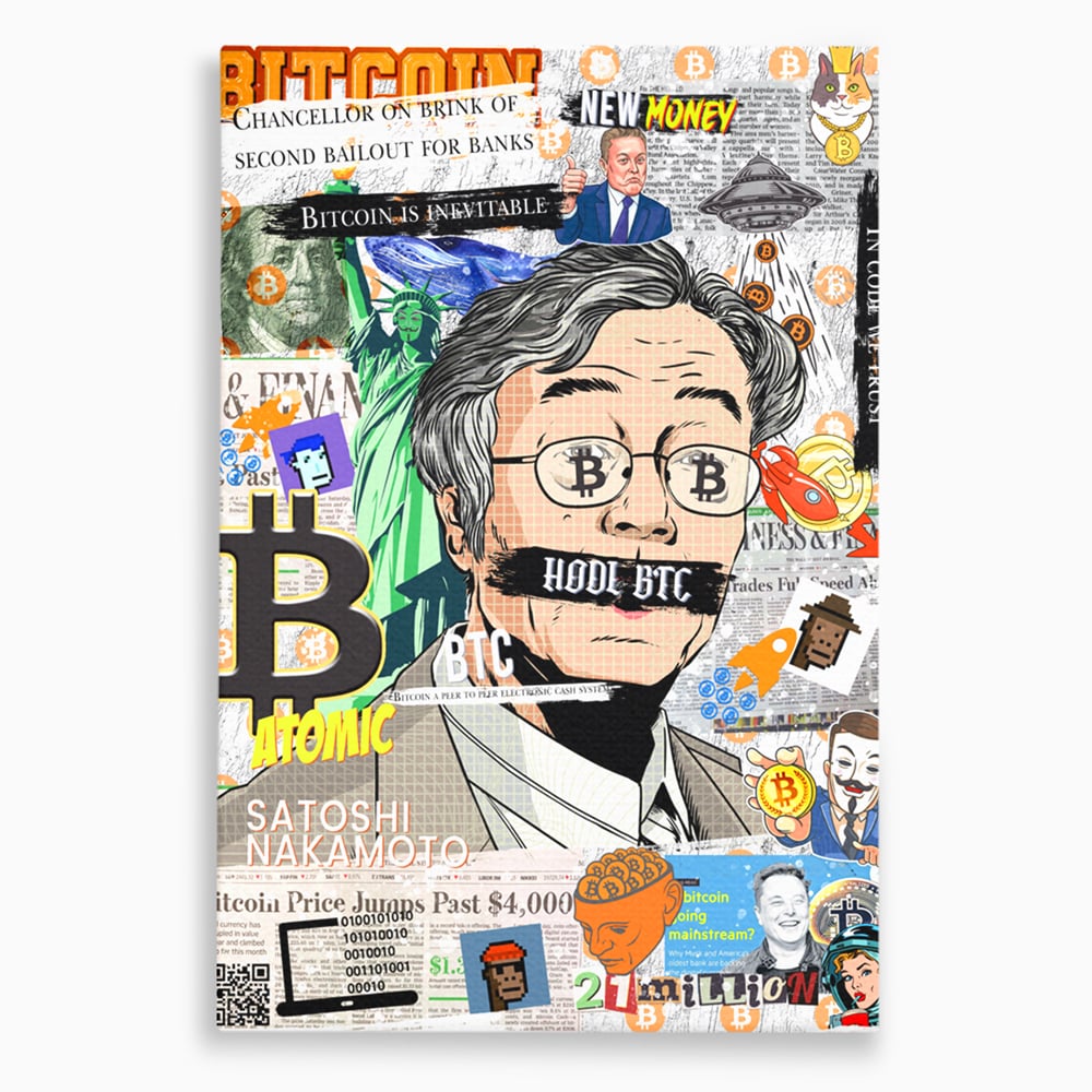 Tablou canvas cu tablou canvas cu portret stilizat bitcoin si satoshi, fara rama, pe sasiu de lemn