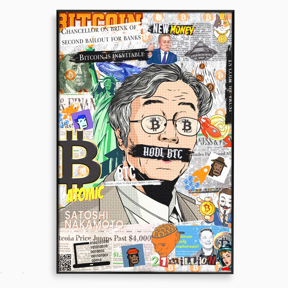 Tablou canvas cu tablou canvas cu portret stilizat bitcoin si satoshi, in rama de aluminiu negru