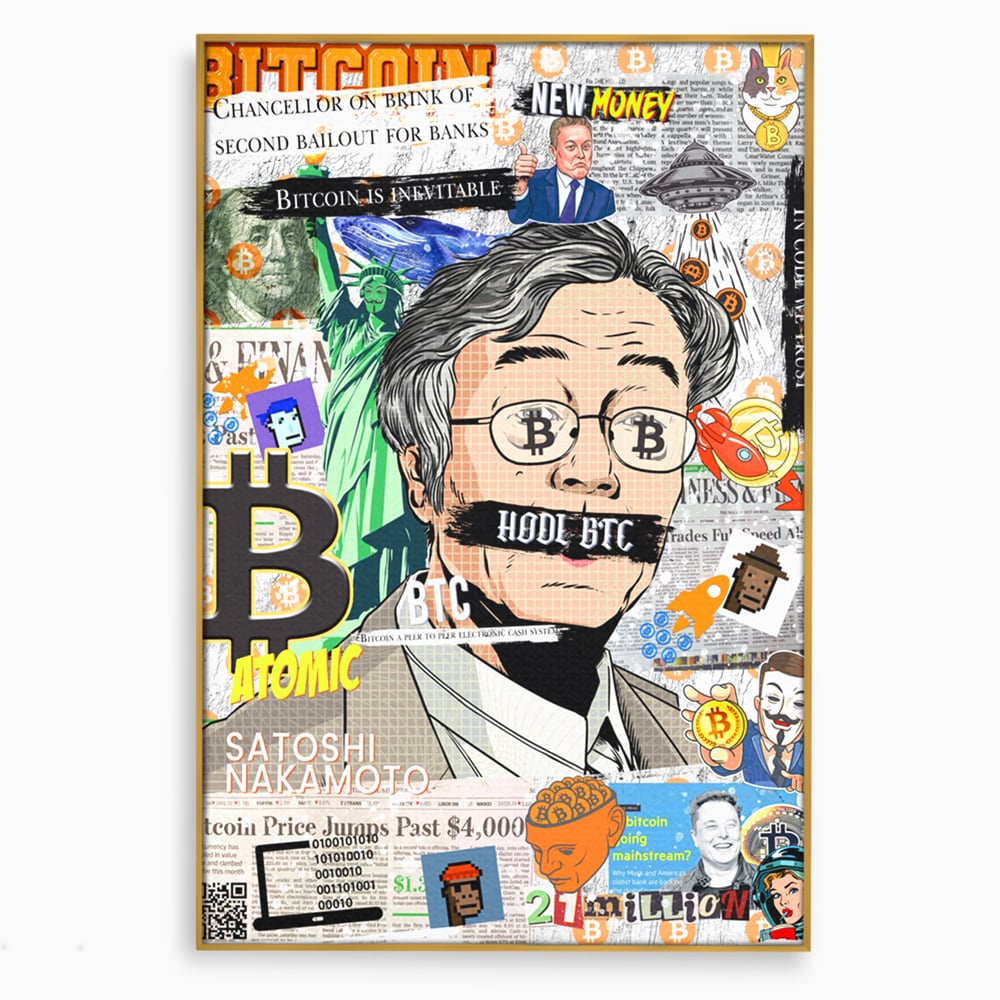 Tablou canvas cu tablou canvas cu portret stilizat bitcoin si satoshi, in rama de aluminiu auriu
