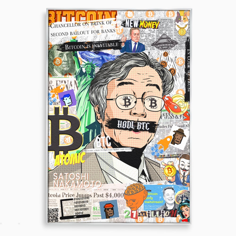Tablou canvas cu tablou canvas cu portret stilizat bitcoin si satoshi, in rama de aluminiu argintiu