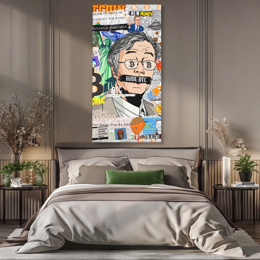 Tablou canvas cu tablou canvas cu portret stilizat bitcoin si satoshi, fara rama, pe sasiu de lemn, pe perete intr-un dormitor