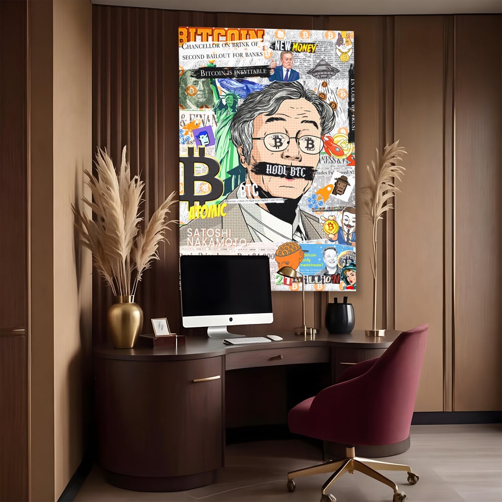 Tablou canvas cu tablou canvas cu portret stilizat bitcoin si satoshi, fara rama, pe sasiu de lemn, pe perete intr-un birou