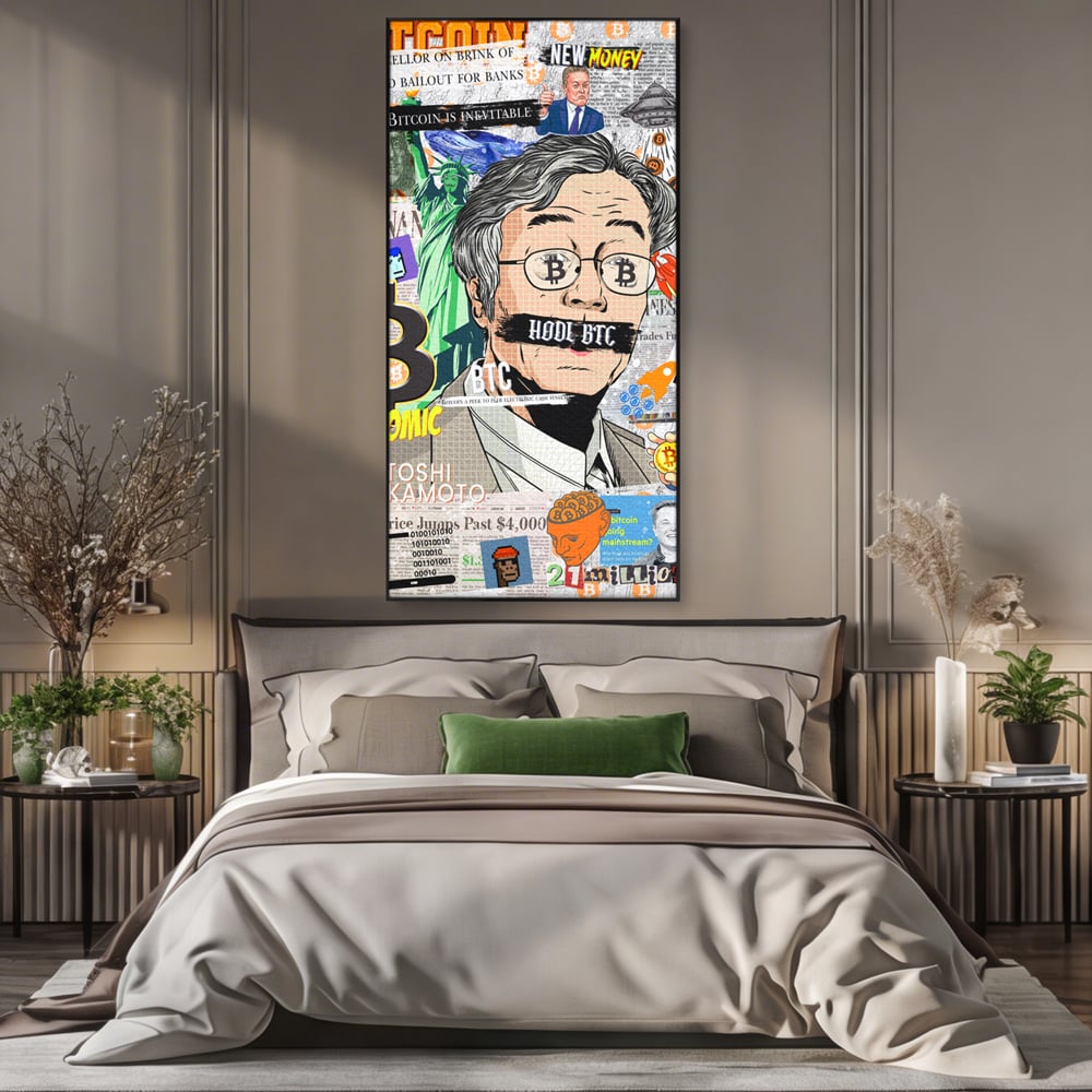 Tablou canvas cu tablou canvas cu portret stilizat bitcoin si satoshi, in rama de aluminiu negru, pe perete intr-un dormitor