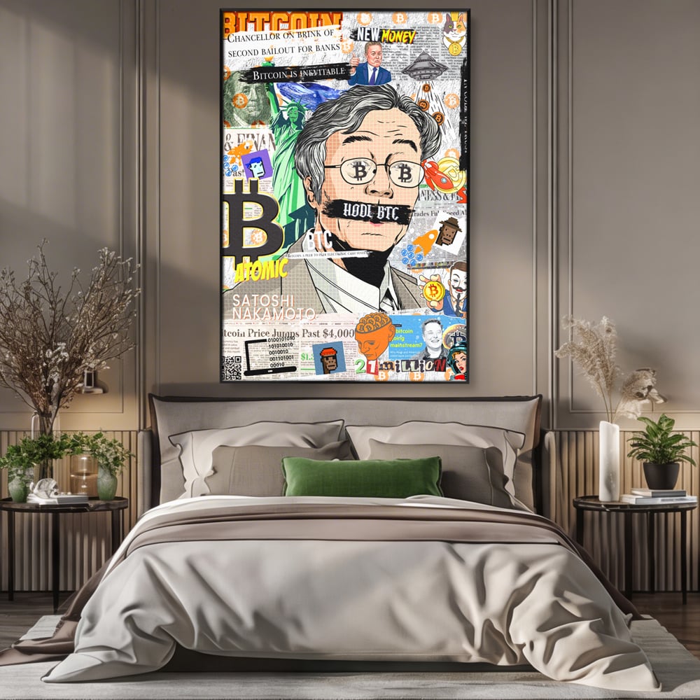 Tablou canvas cu tablou canvas cu portret stilizat bitcoin si satoshi, in rama de aluminiu negru, pe perete intr-un dormitor