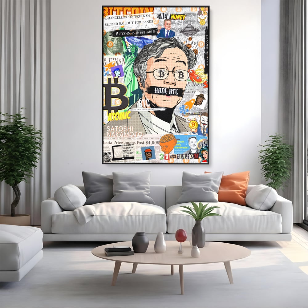 Tablou canvas cu tablou canvas cu portret stilizat bitcoin si satoshi, in rama de aluminiu negru, pe perete intr-un living