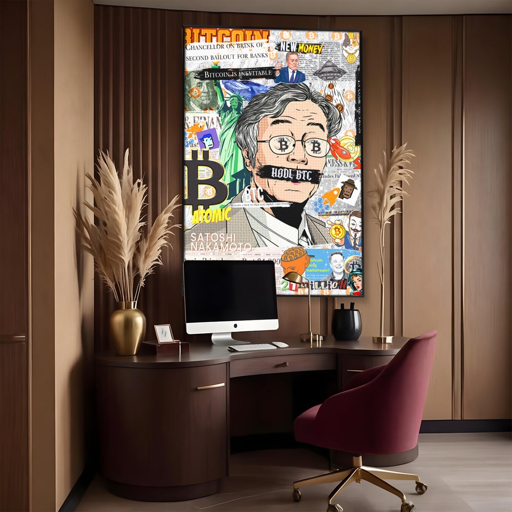 Tablou canvas cu tablou canvas cu portret stilizat bitcoin si satoshi, in rama de aluminiu negru, pe perete intr-un birou