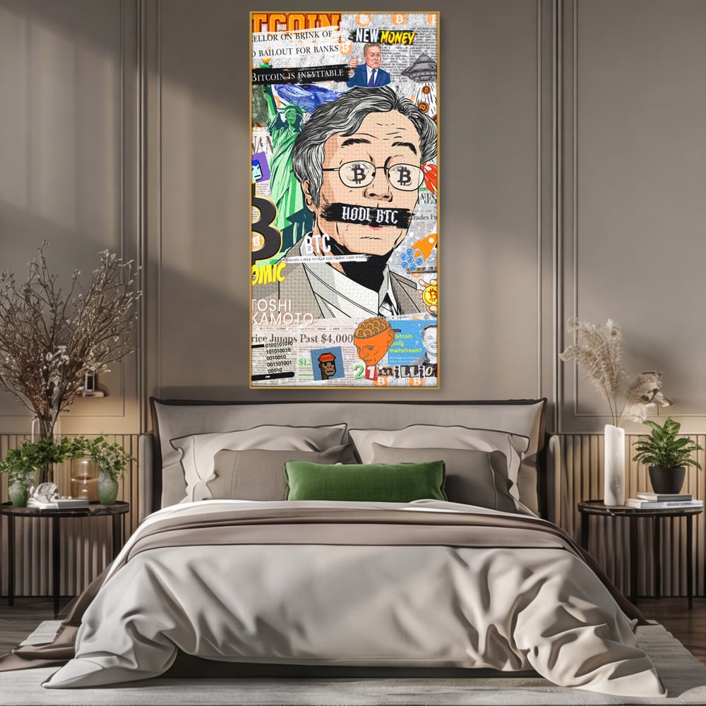 Tablou canvas cu tablou canvas cu portret stilizat bitcoin si satoshi, in rama de aluminiu auriu, pe perete intr-un dormitor