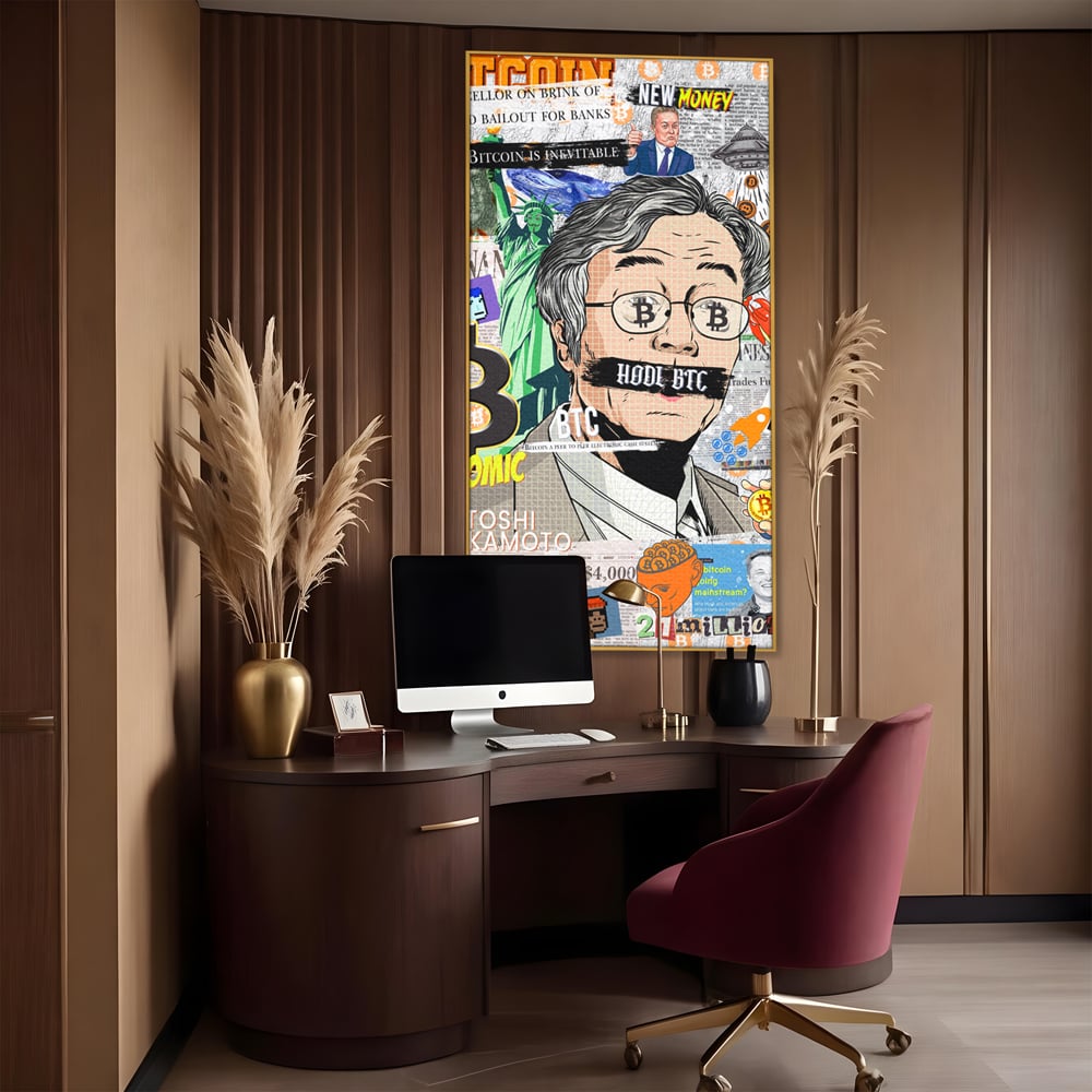 Tablou canvas cu tablou canvas cu portret stilizat bitcoin si satoshi, in rama de aluminiu auriu, pe perete intr-un birou