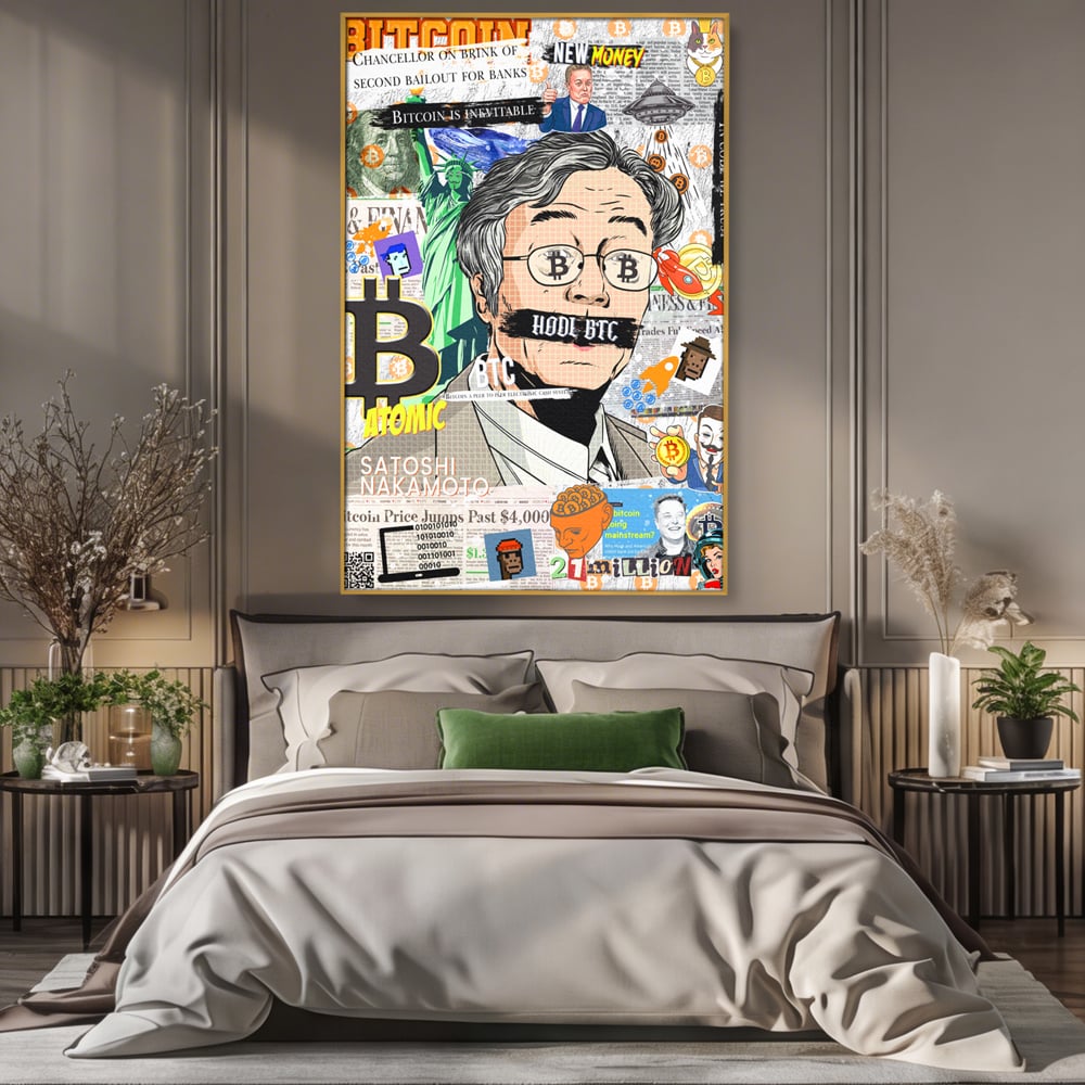 Tablou canvas cu tablou canvas cu portret stilizat bitcoin si satoshi, in rama de aluminiu auriu, pe perete intr-un dormitor
