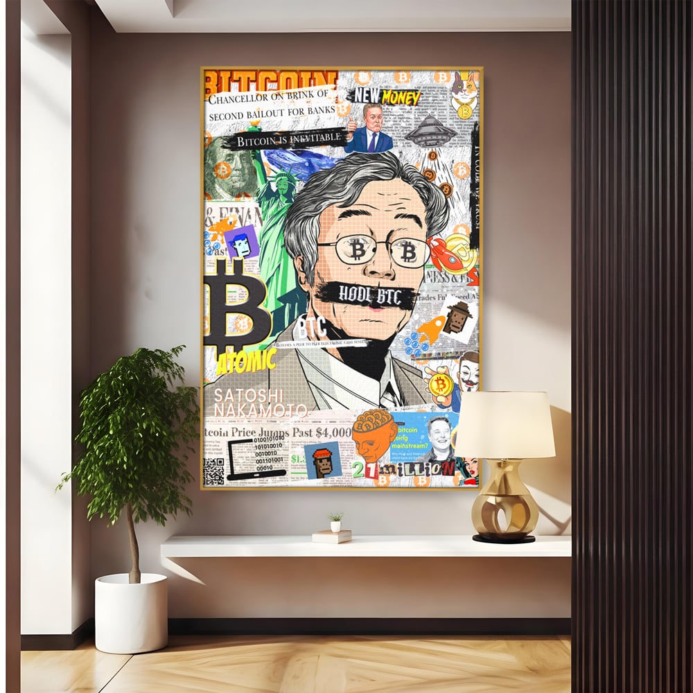 Tablou canvas cu tablou canvas cu portret stilizat bitcoin si satoshi, in rama de aluminiu auriu