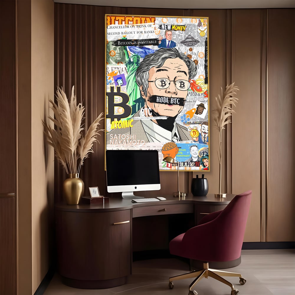 Tablou canvas cu tablou canvas cu portret stilizat bitcoin si satoshi, in rama de aluminiu auriu, pe perete intr-un birou