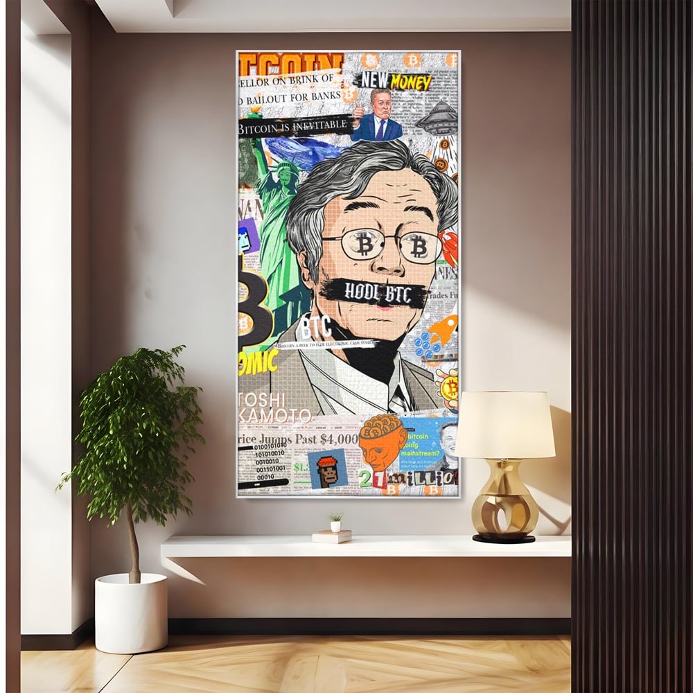 Tablou canvas cu tablou canvas cu portret stilizat bitcoin si satoshi, in rama de aluminiu argintiu